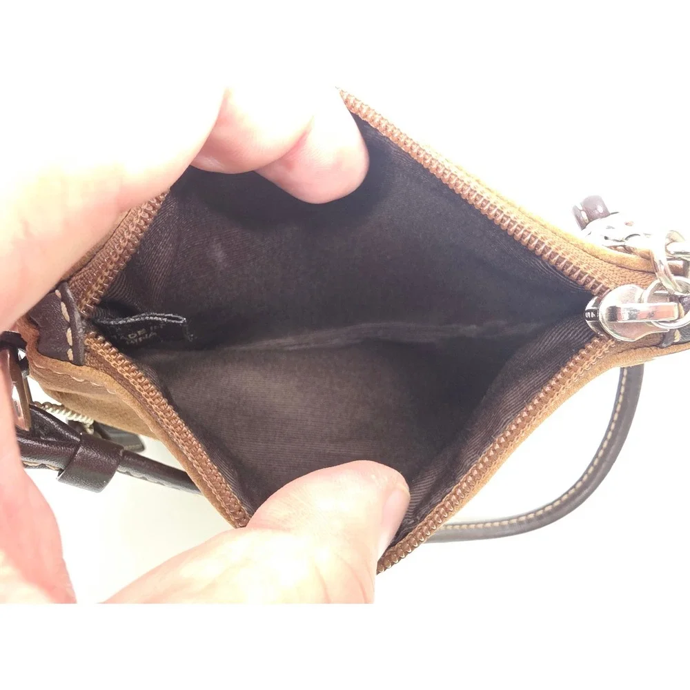 Coach Suede Wristlet Tan Brown Leather Trim Small Bag Pouch Zip Top